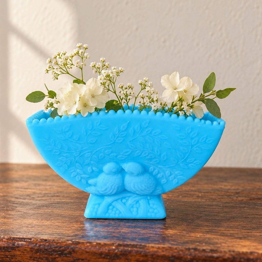 Fenton Blue Satin Glass Lovebirds Console Bowl Vintage Signed Footed Boat Dish